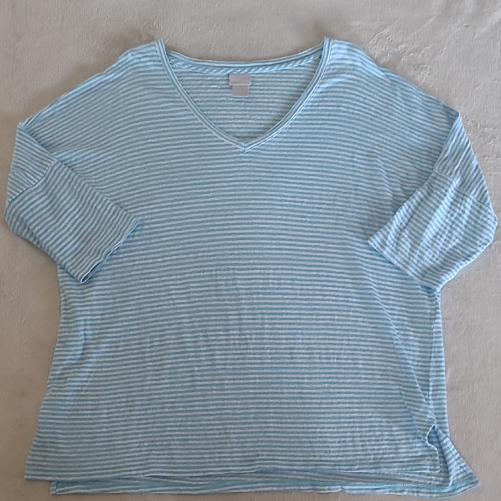 Chicos Linen Striped Top Size 1 M Blue White V Neck Short Sleeve Coastal Casual